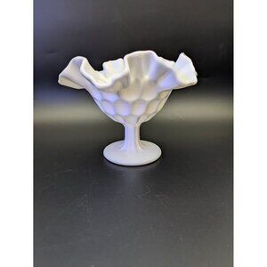 Vintage Fenton Milk Glass Compote Candy Dish Ruffled Thumbprint Pattern